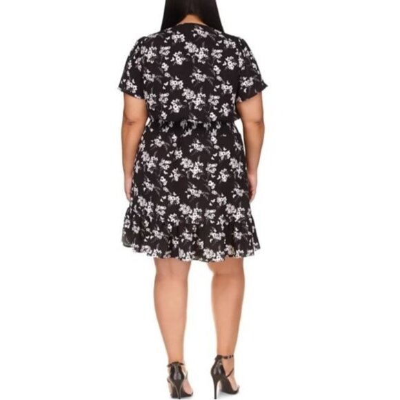 Michael Kors Floral Flutter Sleeve Mini Wrap Dress Black White Plus Size NWT - Picture 2 of 14